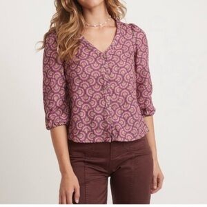 Marine Layer Colette Double Cloth Gauze Button Blouse Purple Brown Print M